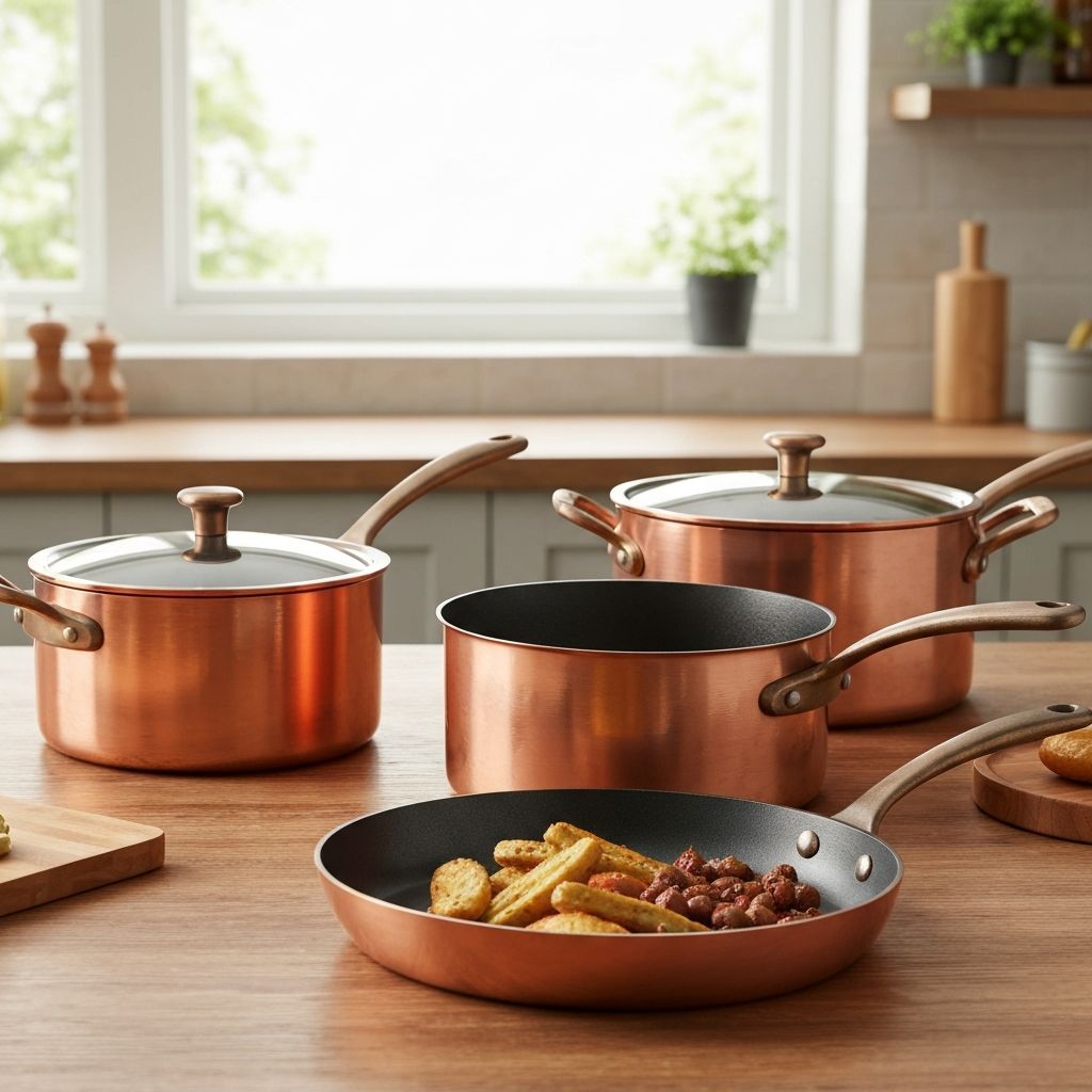 Falk brushed copper cookware with ergonomic cast iron handles