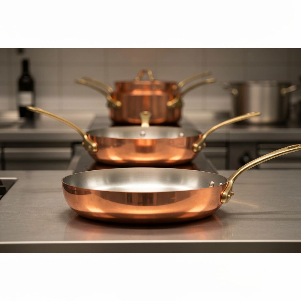 Mauviel polished copper cookware with cast iron handles