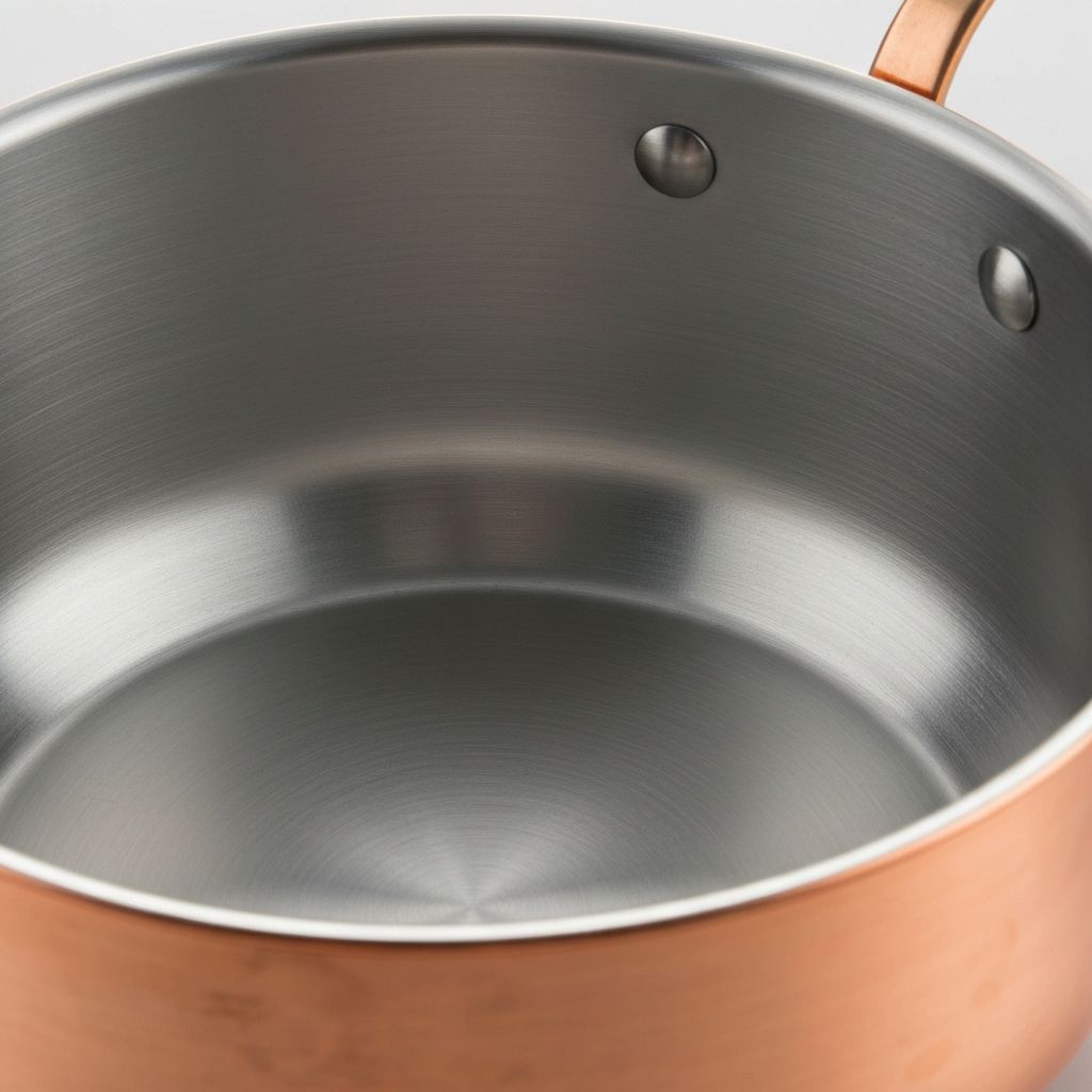 Stainless steel lined copper cookware showing durable interior surface